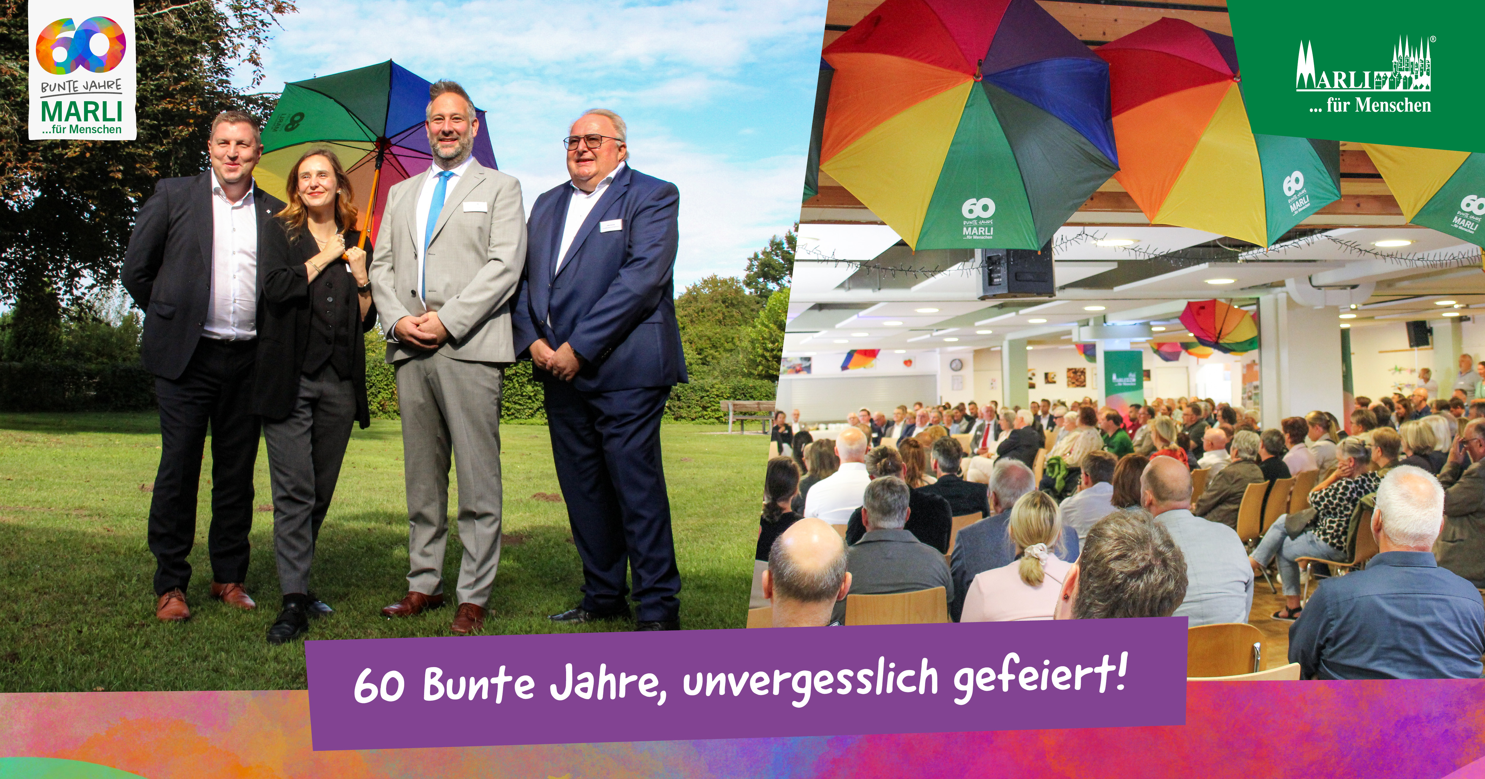 Festsall und Gruppenbild von Michael Saitner, Sophia Schiebe, Kai Noetzelmann und Volker Schmidt